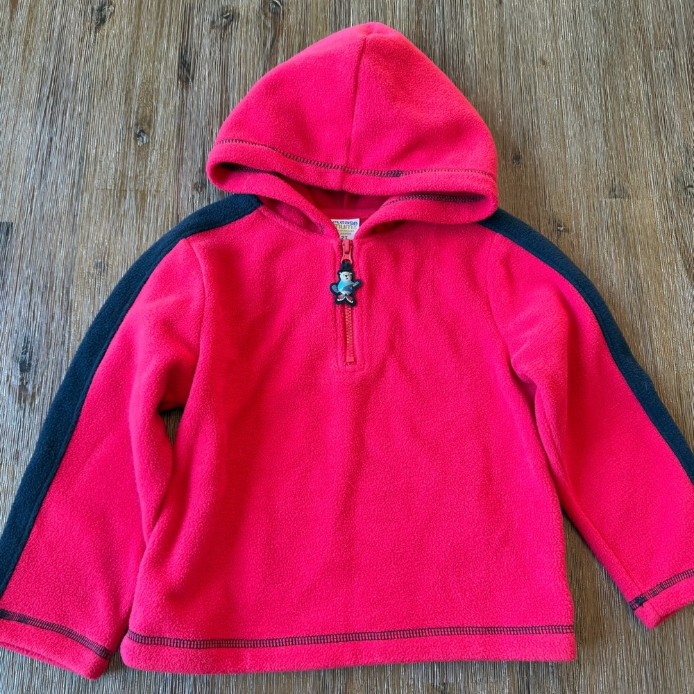 3/20$ Please Mum Toddler Red Fleece Hoodie Bear Playing Hockey Zipper size 2T